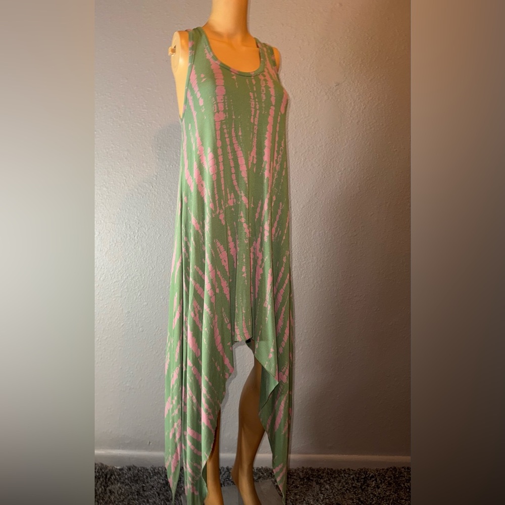 Asymmetrical Green and Pink Tie-Dye Dress
